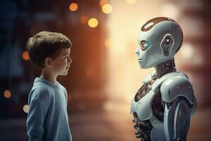 AI generated Smiling boy talking with the AI robots Ai generated photo
