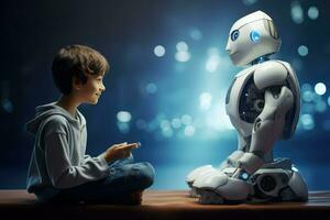 AI generated Smiling boy talking with the AI robot and they eating on table Ai generated photo