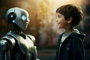 AI generated Smiling boy talking with the AI robots face to face Ai generated photo