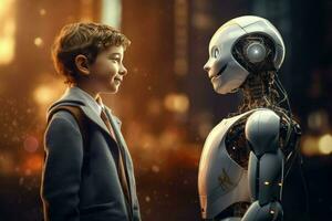AI generated Smiling boy talking with the AI robots face to face Ai generated photo
