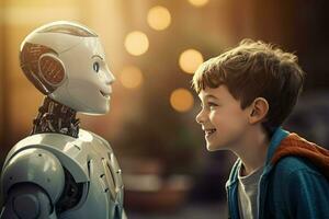 AI generated Smiling boy talking with the AI robots Ai generated photo