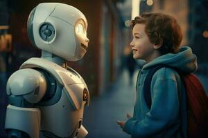 AI generated Smiling boy talking with the AI robots Ai generated photo