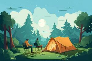 AI generated Friend enjoying a summer camping with friends, They are looking at camera and smiling, Friends enjoying a summer camping Ai generated photo