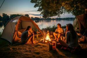 AI generated Friend enjoying a summer camping with friends, They are looking at camera and smiling, Friends enjoying a summer camping Ai generated photo