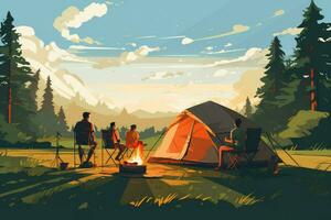 AI generated Friend enjoying a summer camping with friends, They are looking at camera and smiling, Friends enjoying a summer camping Ai generated photo