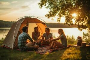 ai generado amigo disfrutando un verano cámping con amigos, ellos son mirando a cámara y sonriente, amigos disfrutando un verano cámping ai generado foto