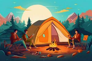 AI generated Friend enjoying a summer camping with friends, They are looking at camera and smiling, Friends enjoying a summer camping Ai generated photo