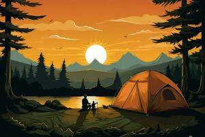 AI generated Friend enjoying a summer camping with friends, They are looking at camera and smiling, Friends enjoying a summer camping Ai generated photo