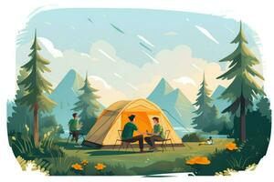 AI generated Friend enjoying a summer camping with friends, They are looking at camera and smiling, Friends enjoying a summer camping Ai generated photo