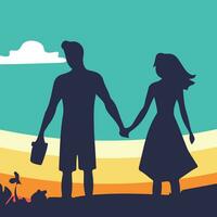 Couple walking on the beach silhouette vector