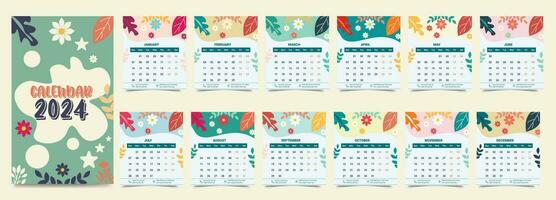 Monthly calendar template for the 2024 year, 12 months, minimalist style, floral calendar vector