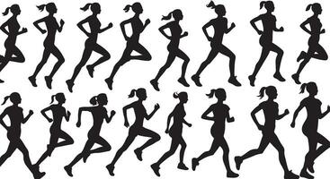 Running woman silhouettes on a white background. Big set of female sprinter vector illustration