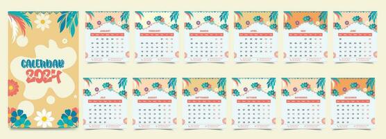 Monthly calendar template for the 2024 year, 12 months, minimalist style, floral calendar vector