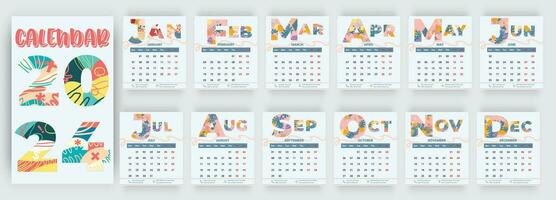 Monthly calendar template for the 2024 year, 12 months, minimalist style, floral calendar vector