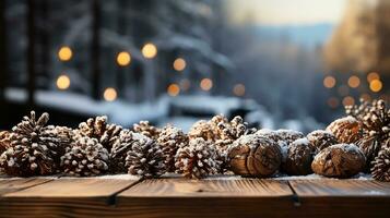 AI generated A realistic photo - Empty dark wooden table and winter flowers on it, abstract winter blurred background