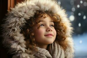 AI generated Side beauty portrait of beautiful kid, breathing deep deeply fresh air at winter cold frosty snowy day with her eyes closed photo