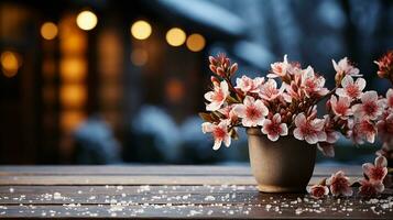 AI generated A realistic photo - Empty dark wooden table and winter flowers on it, abstract winter blurred background