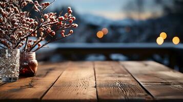 AI generated A realistic photo - Empty dark wooden table and winter flowers on it, abstract winter blurred background