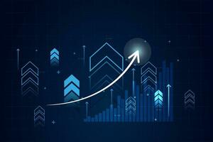 Blue abstract financial chart with up trend and arrow line graph in stock market on gradient dark blue color background vector