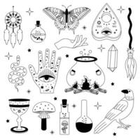 Witchy magic set. Set of witchcraft items. Collection of witchy magic and esoteric equipment. Vector illustration of mythical elements.