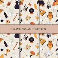 Witchy magic set of seamless patterns. Collection of witchy magic and esoteric patterns. vector