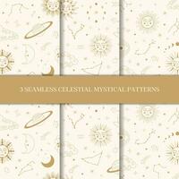 Celestial mystical astrology seamless patterns. Set of celestial mystic esoteric seamless patterns.. Mystic moon, sun, star, zodiac symbols and constellation vector set.