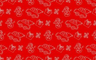 Vector seamless New Year pattern on a red background, hand-drawn in cartoon style. Pattern of snowman, car with Christmas tree, gift and snowflake for packaging, textile, design and decoration.