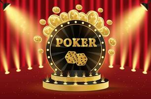 Casino podium poker. 3d retro casino podium. Podium with coins, dice and poker. Casino scene, stage, studio or room. vector