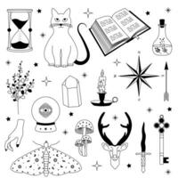 Witchy magic set. Set of witchcraft items. Collection of witchy magic and esoteric equipment. Vector illustration of mythical elements.