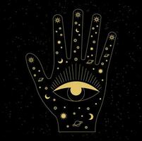 quiromancia y hieromancia. mano líneas y su significados. celestial y místico astrología. mágico vector ilustración.