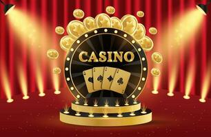 Casino podium. 3d retro casino podium. Podium with coins and playing cards. Casino scene, stage, studio or room. vector