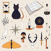 Witchy magic set. Set of witchcraft items. Collection of witchy magic and esoteric equipment. Vector illustration of mythical elements.