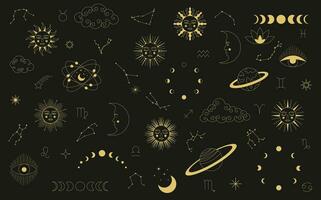 Celestial mystical astrology. Set of celestial mystic esoteric elements. Mystic moon, sun, star, zodiac symbols and constellation vector set.