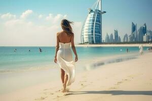 ai generado hermosa joven mujer es caminando en el playa en dubai ai generado foto