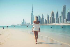 AI generated Beautiful young woman is walking on the beach in Dubai Ai generated photo