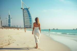 ai generado hermosa joven mujer es caminando en el playa en dubai ai generado foto