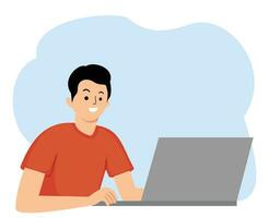 young man typing using laptop or young man working on laptop at home office vector