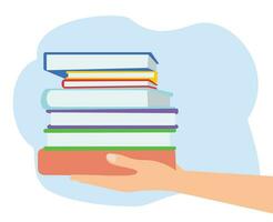 hands holding pile of books over light blue background or education library and science knowledge vector