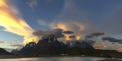 Cuernos del Paine and Lago Grey at sunset, Torres del Paine National Park, Chilean Patagonia, Chile photo