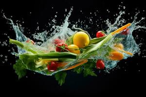 AI generated Vegetable splashing into clear water Vegetables splashing into clear water on dark background Ai generated photo