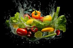 AI generated Vegetable splashing into clear water Vegetables splashing into clear water on dark background Ai generated photo