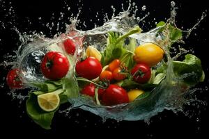 AI generated Vegetable splashing into clear water Vegetables splashing into clear water on dark background Ai generated photo