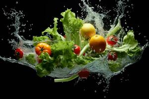 AI generated Vegetable splashing into clear water Vegetables splashing into clear water on dark background Ai generated photo