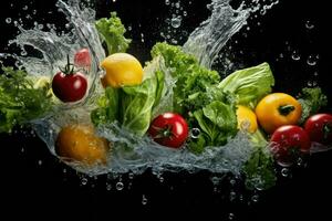AI generated Vegetable splashing into clear water Vegetables splashing into clear water on dark background Ai generated photo