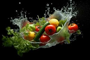 AI generated Vegetable splashing into clear water Vegetables splashing into clear water on dark background Ai generated photo