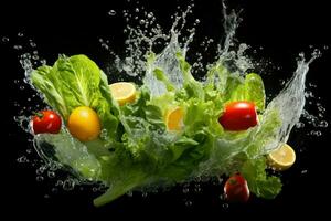 AI generated Vegetable splashing into clear water Vegetables splashing into clear water on dark background Ai generated photo