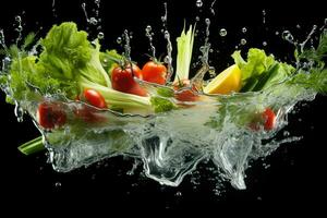 AI generated Vegetable splashing into clear water Vegetables splashing into clear water on dark background Ai generated photo