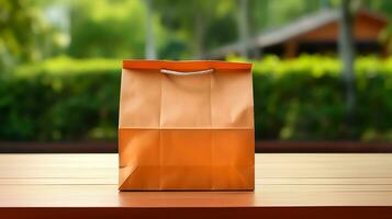 ai generado con Copiar espacio comida entrega papel bolso en el de madera mesa, naranja color antecedentes foto