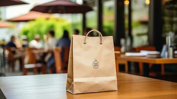 ai generado comida entrega blanco papel bolso en el de madera, y borroso restaurantes en antecedentes foto