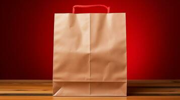 AI generated food Delivery paper empty bag on the wooden table with red background photo